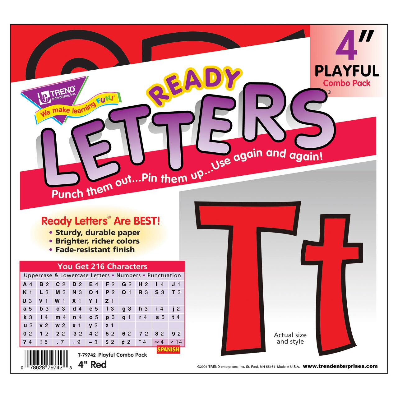 Trend Enterprises® 4" Playful English/Spanish Combination Ready Letters®, 6 Packs